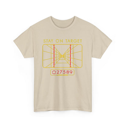Stay On Target Star Wars Funny Graphic Unisex T Shirt featuring a vibrant yellow targeting reticle design, perfect for fans of the iconic franchise.
