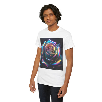 Model wearing The Ethereal Rose Tee Unisex Cotton Graphic T Shirt, featuring a colourful rose print, perfect for making a stylish statement.