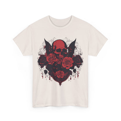 Skulls and Roses Cotton Tee, Unisex Graphic Shirt featuring a striking red skull and roses design, perfect for edgy fashion enthusiasts.
