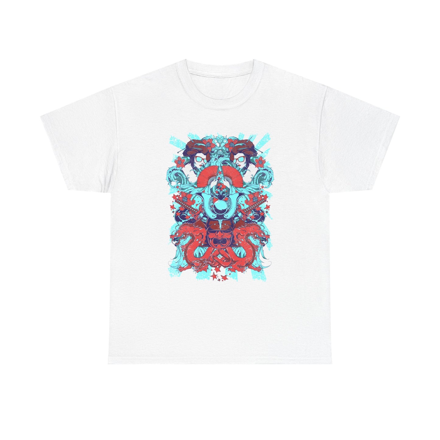 Exquisite white men's t-shirt adorned with a captivating graphic featuring traditional Japanese elements including samurai motifs, vibrant dragons, and geisha figures, showcasing a blend of modern artistry and cultural heritage.