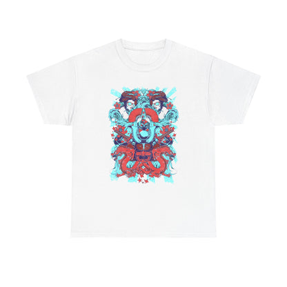 Exquisite white men's t-shirt adorned with a captivating graphic featuring traditional Japanese elements including samurai motifs, vibrant dragons, and geisha figures, showcasing a blend of modern artistry and cultural heritage.