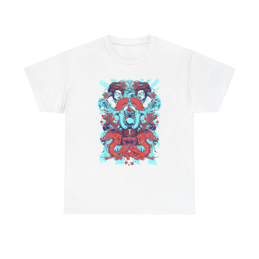 Exquisite white men's t-shirt adorned with a captivating graphic featuring traditional Japanese elements including samurai motifs, vibrant dragons, and geisha figures, showcasing a blend of modern artistry and cultural heritage.