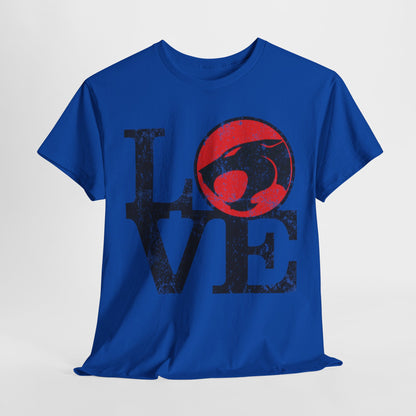 Thundercats Love Unisex Mens Womens Graphic Funny T Shirt Tee Urban displayed in vibrant blue, featuring a striking Thundercats logo and distressed lettering of 'LOVE', perfect for fans of the iconic cartoon.