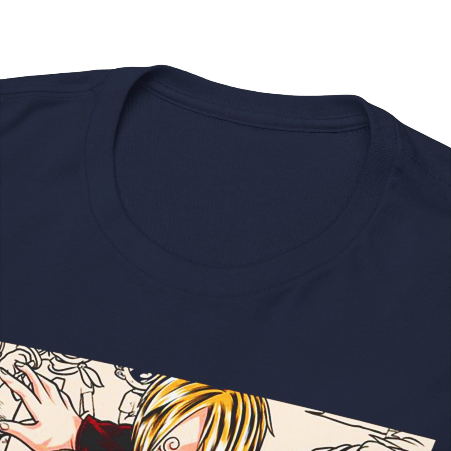 Premium close-up of the Sanji graphic tee's neckline, highlighting the high-quality fabric and intricate anime artwork.