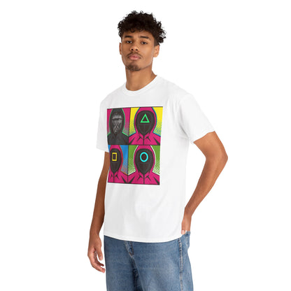 Male model wearing the Squid Game Pop Art Unisex Men´s Women´s Graphic Cotton Funny T Shirt Tee, featuring a striking design of iconic game characters.