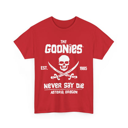 Luxury The Goonies Graphic T-Shirt in Vibrant Red, featuring iconic skull and crossed swords design, perfect homage for adventure seekers.