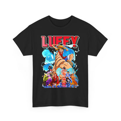 High-quality black t-shirt adorned with a striking graphic of Luffy, radiating fun and adventure, ideal for fashionable casual wear.