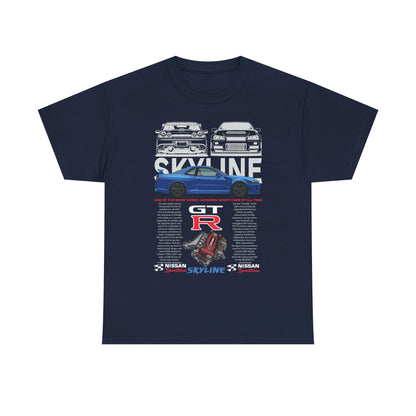 Luxury Nissan Skyline GT-R T-shirt featuring a stunning graphic design of iconic Skyline models with vibrant blue highlights and technical specs, perfect for automotive enthusiasts.