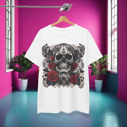 Skulls and Roses Cotton Tee - front view featuring a striking steampunk skull and roses graphic, styled in a vibrant interior setting.