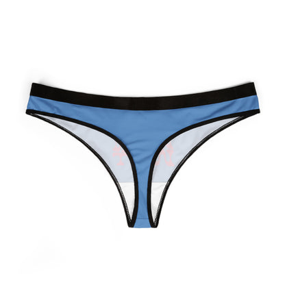 Sophisticated blue thong panties with delicate detailing, highlighting the eye-catching 'SLIPPERY WHEN WET' graphic, perfect for adding a touch of allure to your lingerie collection.