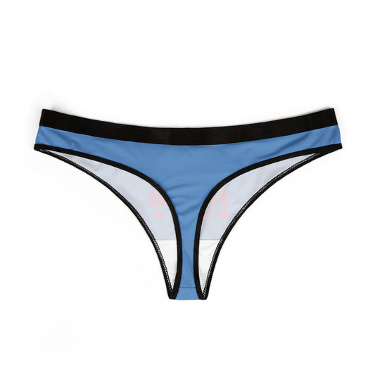 Sophisticated blue thong panties with delicate detailing, highlighting the eye-catching 'SLIPPERY WHEN WET' graphic, perfect for adding a touch of allure to your lingerie collection.