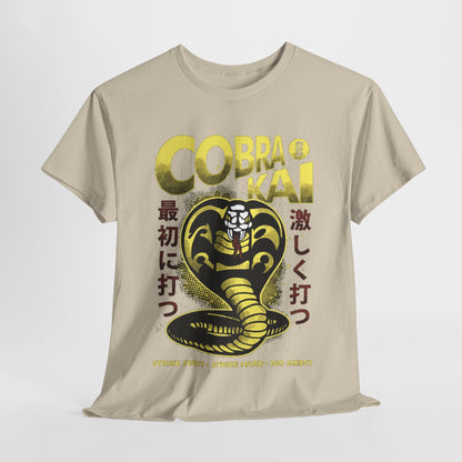 Luxurious graphic tee showcasing the iconic Cobra Kai design, featuring a striking snake emblem and the bold slogan 'Strike First, Strike Hard, No Mercy' in rich colours, perfect for stylish martial arts enthusiasts.