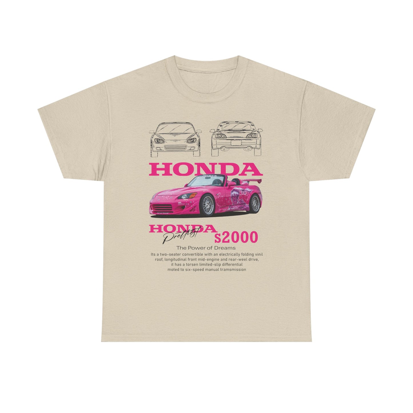 Chic beige men's t-shirt adorned with a fashionable Honda S2000 design in pink, highlighting stylish illustrations and bold branding.