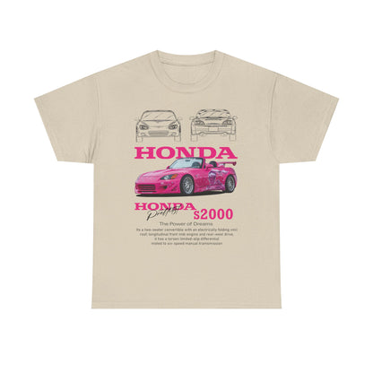 Men's luxury T-shirt featuring a stunning Honda S2000 graphic design in pink and bold lettering, showcasing the iconic sports car in a stylish beige fabric.