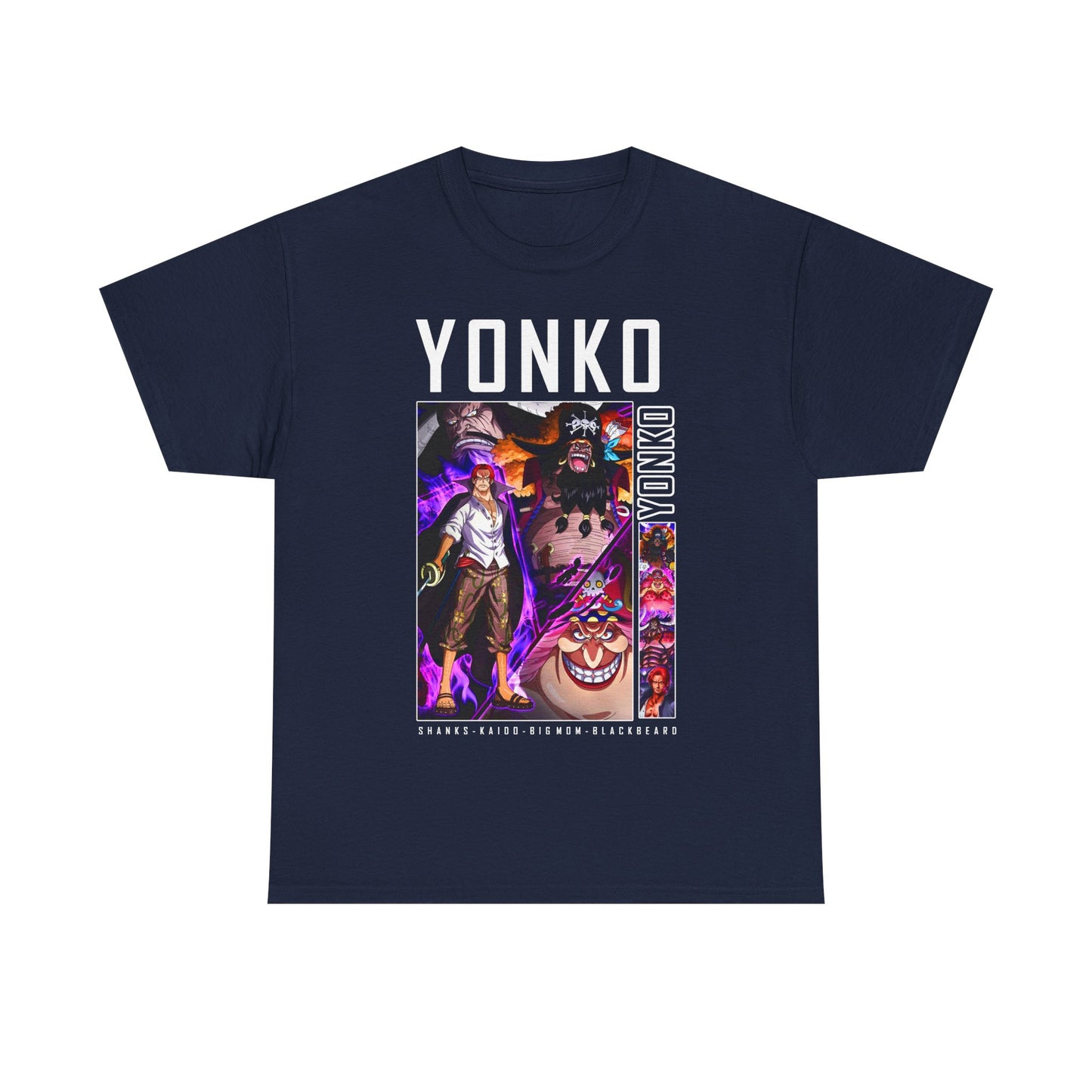 Stylish navy Yonko graphic tee displaying intricate designs of popular anime characters, perfect for making a fashion statement while celebrating your love for anime.