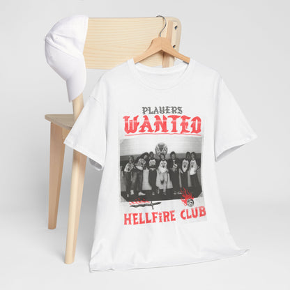 Elevate your style with the Hellfire Club graphic t-shirt displayed elegantly on a wooden chair, highlighting its exclusive design featuring 'PLAYERS WANTED' alongside striking imagery.