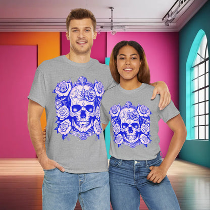 Couple wearing the Skulls and Roses Cotton Tee, demonstrating its versatility and unique style perfect for both men and women, ideal for alternative fashion lovers.