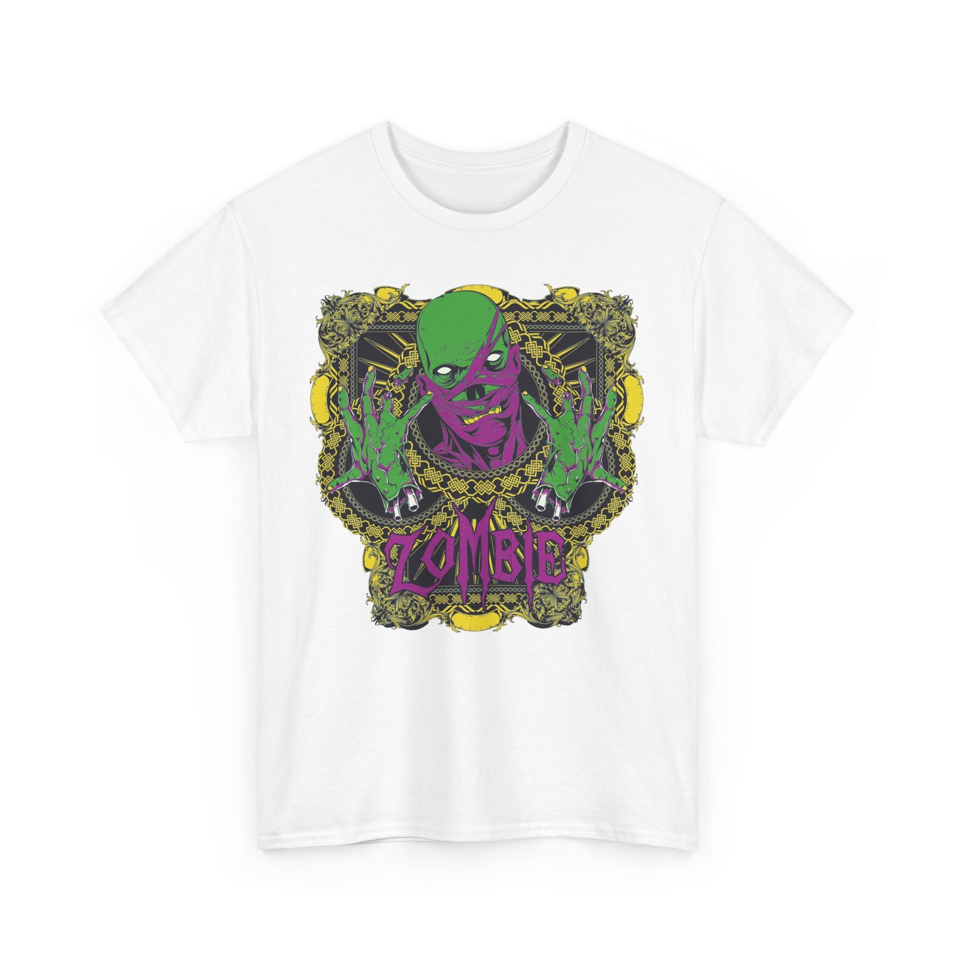 Refined white T-shirt featuring an eye-catching zombie graphic design in vivid colours, blending contemporary art with classic luxury styling.