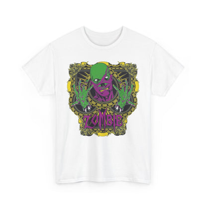Refined white T-shirt featuring an eye-catching zombie graphic design in vivid colours, blending contemporary art with classic luxury styling.