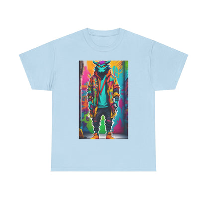 Street Monster Graphic T-Shirt in light blue, featuring a vibrant urban streetwear design with a colourful monster print, perfect for modern fashion enthusiasts.