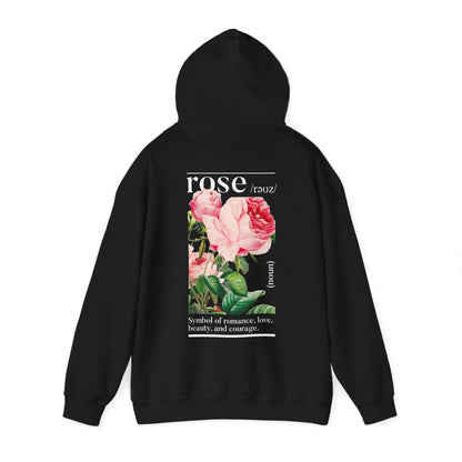 Luxury black hoodie featuring a stunning botanical rose design on the back, highlighting the word 'rose' and its symbolism of romance and beauty.