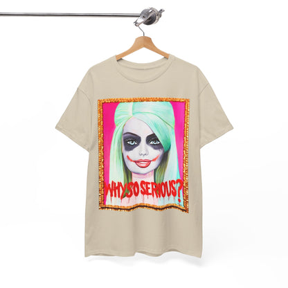 Women’s graphic t-shirt featuring a trendy pop art design with a Joker Barbie illustration and the phrase 'Why So Serious?' Perfect for stylish casual wear.