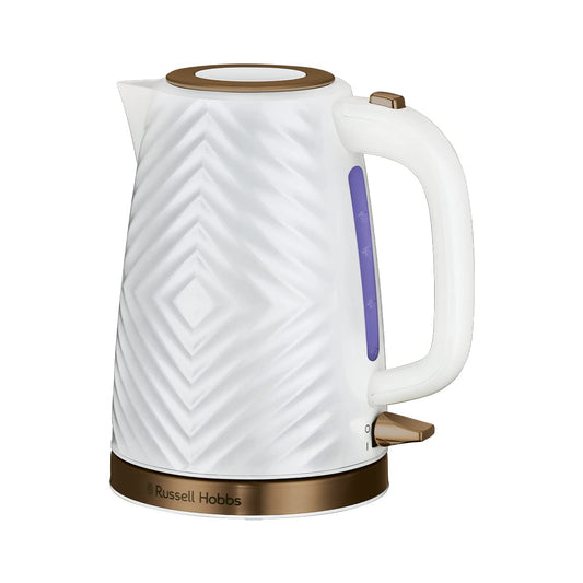 Russell Hobbs Groove Electric 1.7L Cordless Kettle (Fast Boil 3KW, White textured plastic with brushed gold accents, Removable washable anti-scale
