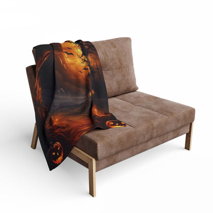 Decorative and Warm Halloween Spooky Arctic Fleece Blanket draped over a stylish armchair, blending seamlessly into a chic living space with Halloween décor.