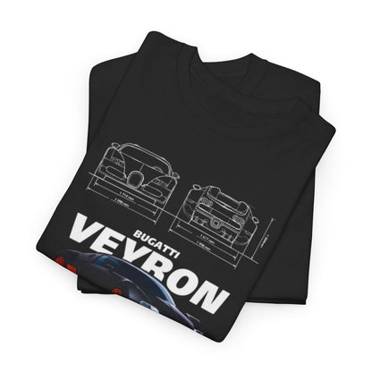 Stylish black T-Shirt for men displaying the Bugatti Veyron design, with technical sketches on a sleek fabric, perfect for automotive enthusiasts.