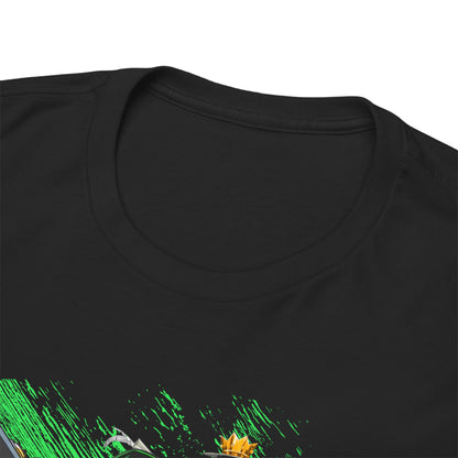 Close-up detail of the neckline and vibrant graphic print of the black One Piece Zoro T-shirt, exemplifying comfort and style for anime fans.