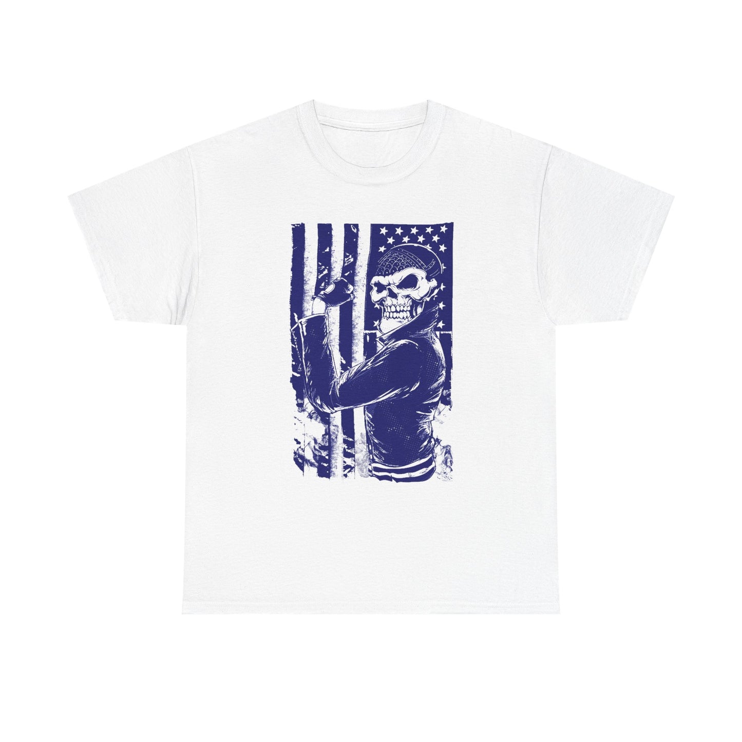 Elegantly designed men's T-shirt showcasing a striking biker skull graphic against a distressed American flag backdrop, epitomising adventure and rebellion in a luxurious style.