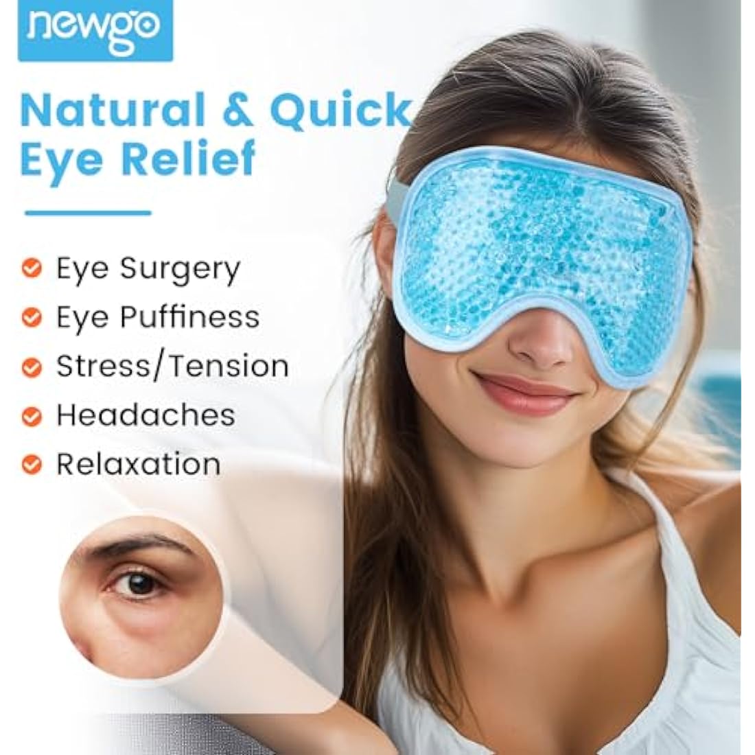 NEWGO Cooling Eye Mask for Puffy Eyes, Reusable Hot Cold Therapy Gel Cold Eye Mask for Migraine, Headache, Dark Circles, Dry Swollen Eyes, Sinus Pain-Light Blue
