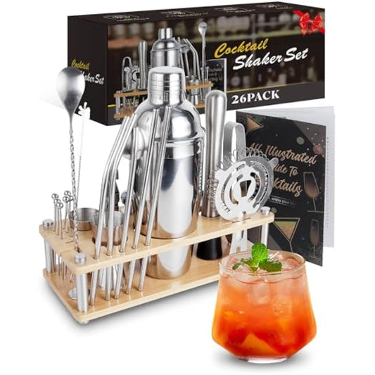 Trongle 26 Pieces Cocktail Shaker Set, 750ml Stainless Steel Cocktail Making Set, Wooden Display Stand, Cocktail Kit Accessories Great Cocktail Gift Sets for Home, Bar, Party, Christmas, Thanksgiving