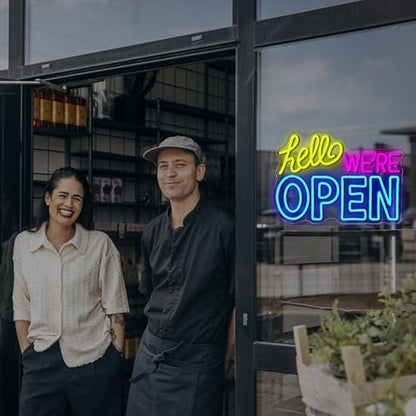 Ineonlife Open Neon Sign, Dimmable Led Light for Wall Decor, Neon Light Up Signs with USB, Blue Yellow Pink Hello We're Open Neon Lights for Business Bar Shop Salon Hotel Cafe Store