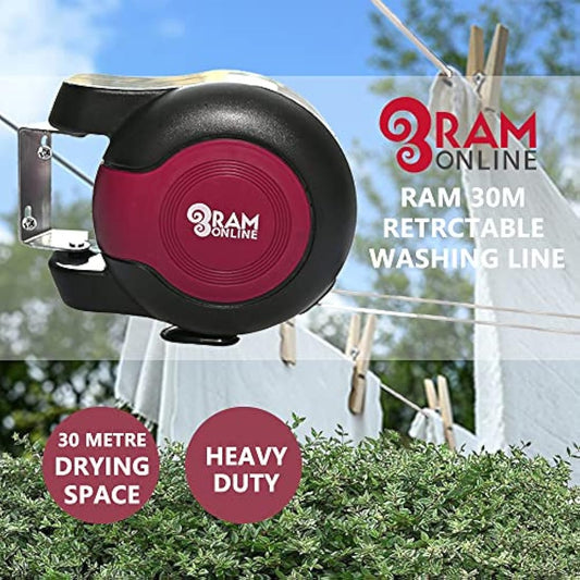 Ram® 30 metre Retractable Reel Clothes Lines Washing Line with Twin Cable - Wall Mounted Heavy Duty Clothes Dryer 2 x 15m Lines of Drying Space, Burgundy