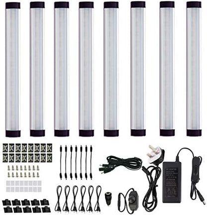 AlBOO Under Cabinet Kitchen Lights Wired LED Daylight White 6000K Dimmable 8 Pack,28cm Under Cupboard Kitchen Lights 24V Plug in with Mains,Ultra Thin Under Couter Light Display Lighting for Cabinet