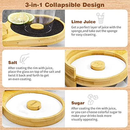 Margarita Salt Rimmer Set,1 Pack 3 Tier Bar Glass Rimmer Bamboo Wood Sugar Salt Box with Sponge,Bartender Tool for Cocktail and Margarita