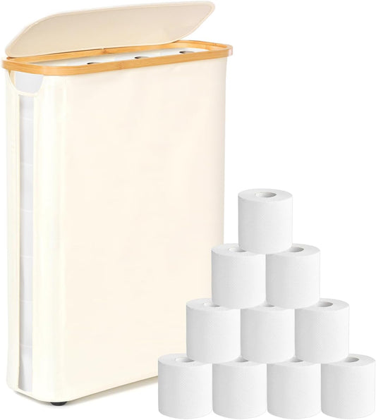 Extra Large 52L Toilet Roll Storage, Bathroom Storage Box Holder Stand with Lid for 24-32 Rolls, Multifunctional Toilet Paper Basket with Handle