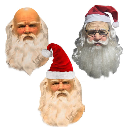 Old White Mask Bald Old Latex Headgear displayed with various stylish options including Santa Claus, emphasizing versatility for festive occasions.