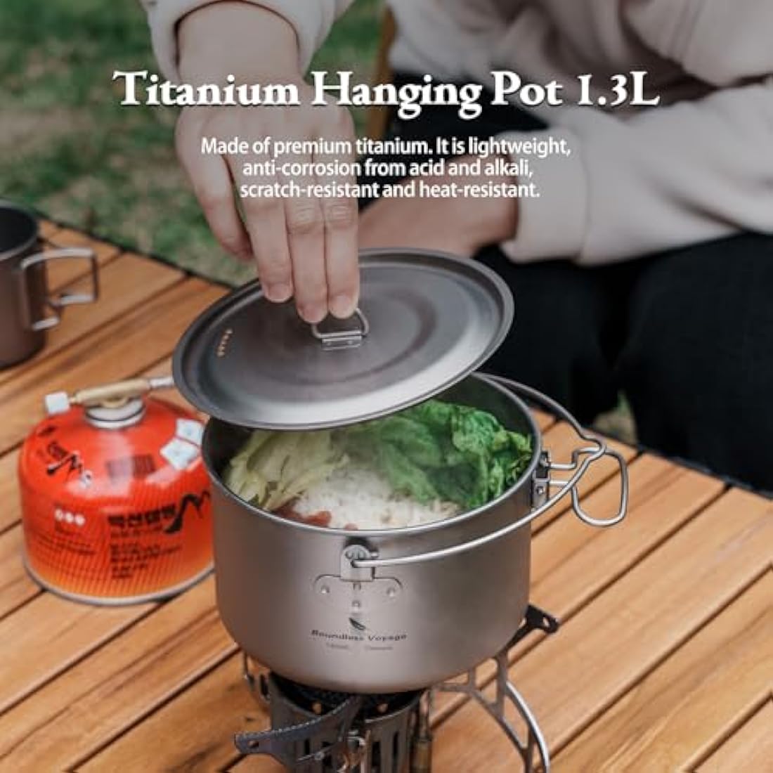 Boundless Voyage Outdoor 1300ml Titanium Pot with Lid Folding Bail Handle Camping Hiking Picnic Ultralight Portable Water Bottle Cup Mug Spork Set (1300 pot)