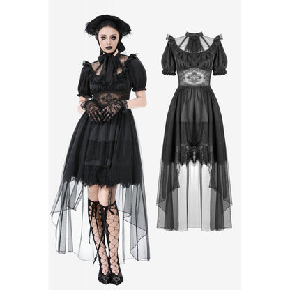 Elegant Dark in Love Ebon Rose High-Low Mesh and Lace Gothic Dress showcasing puff sleeves and sheer lace waist, perfect for gothic style occasions.