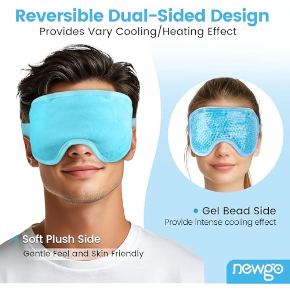 NEWGO Cooling Eye Mask for Puffy Eyes, Reusable Hot Cold Therapy Gel Cold Eye Mask for Migraine, Headache, Dark Circles, Dry Swollen Eyes, Sinus Pain-Light Blue