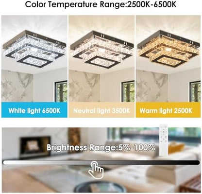Finktonglan Crystal LED Ceiling Light Modern Rectangular Ceiling Lamp K9 Stainless Steel Flush Mount Chandelier Ceiling Lights Fixture for Living Room Bedroom Dining Room(Dimmable)