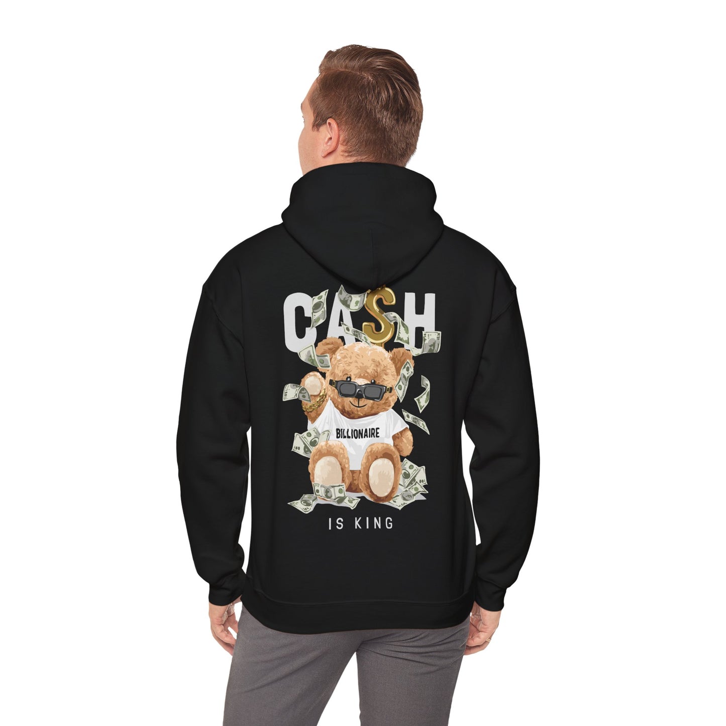 Black hoodie featuring a playful teddy bear graphic, stylishly adorned with dollar bills and a bold ‘BILLIONAIRE’ slogan, radiating unique charm.