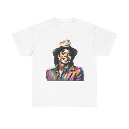 Michael Jackson Portrait Graphic Unisex T-Shirt in white – Luxurious Art Tee Celebrating The King Of Pop featuring an exquisite close-up digital painting of Michael Jackson with a joyful smile and iconic hat.