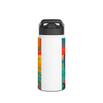 Chic Fantasy Paddleboarding Stainless Steel Water Bottle, displaying paddleboarders in a serene sunset environment, ideal for hydration on adventures.