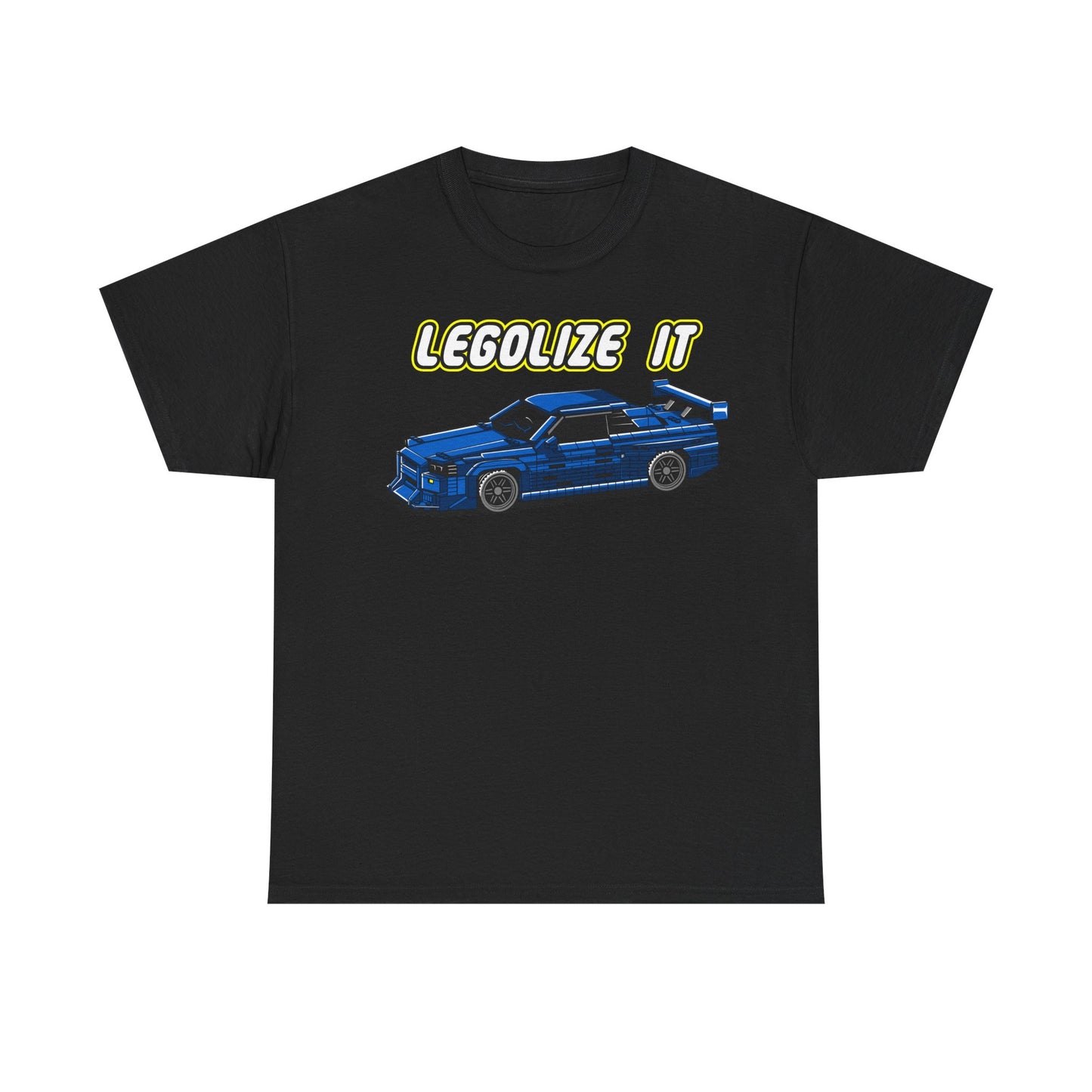 Stylish black men's t-shirt featuring a pixelated blue sports car design with the slogan 'LEGALIZE IT' printed in bright yellow. Perfect for those who appreciate retro aesthetics combined with modern fashion.