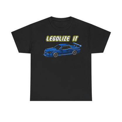 Stylish black men's t-shirt featuring a pixelated blue sports car design with the slogan 'LEGALIZE IT' printed in bright yellow. Perfect for those who appreciate retro aesthetics combined with modern fashion.