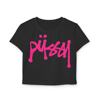 Elegant black cropped t-shirt designed for women, showcasing a vibrant hot pink dripping graphic, crafted with eco-friendly organic cotton.