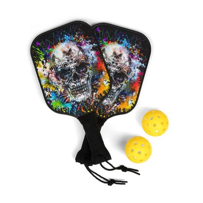 Urban Splash Skull Pickleball Kit featuring two premium wooden paddles decorated with vibrant skull artwork and two yellow pickleballs, ideal for stylish competitive play.